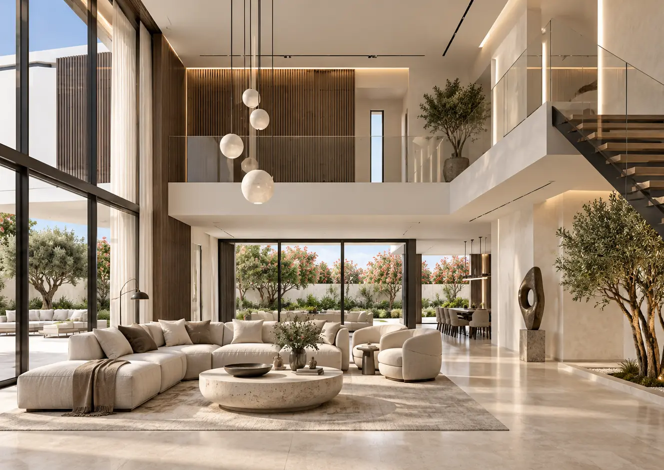 Warm contemporary double-height living room