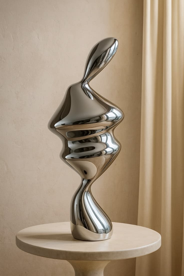 Tall polished organic sculpture on a circular stone table