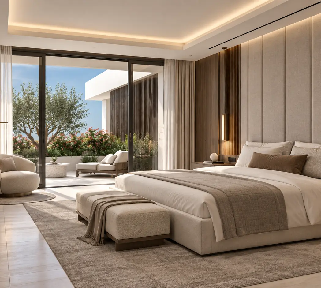 Warm contemporary master bedroom