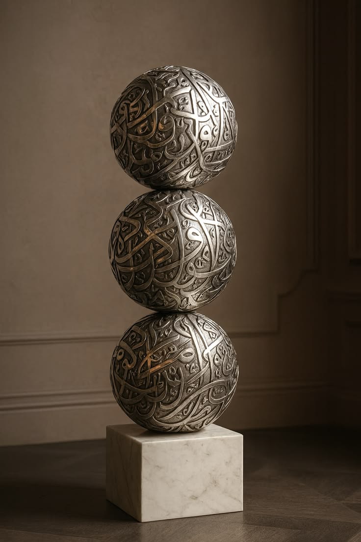 Three engraved Arabic calligraphy spheres balanced vertically on a marble plinth
