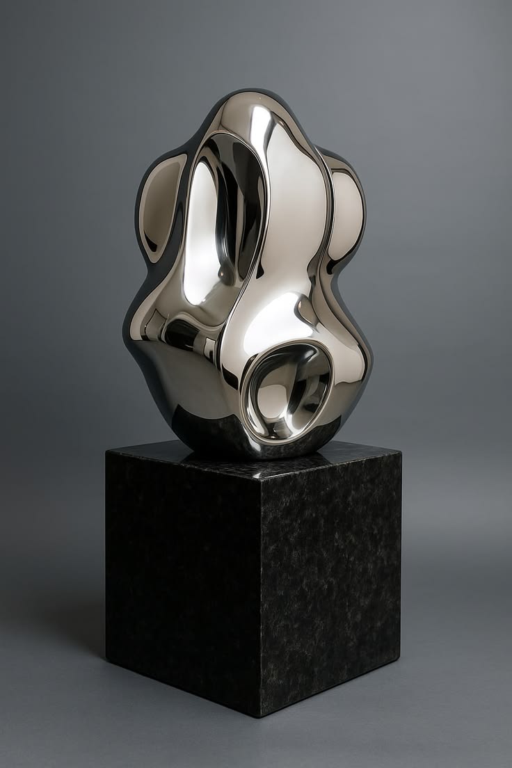 Polished abstract silver sculpture on a dark stone pedestal