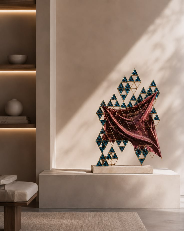 Burgundy textile suspended within a blue crystalline frame