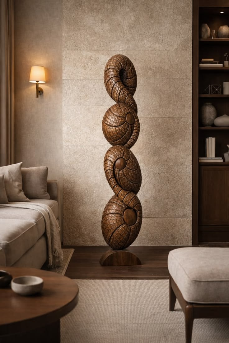 Vertical timber sculpture composed of repeating shell-like forms
