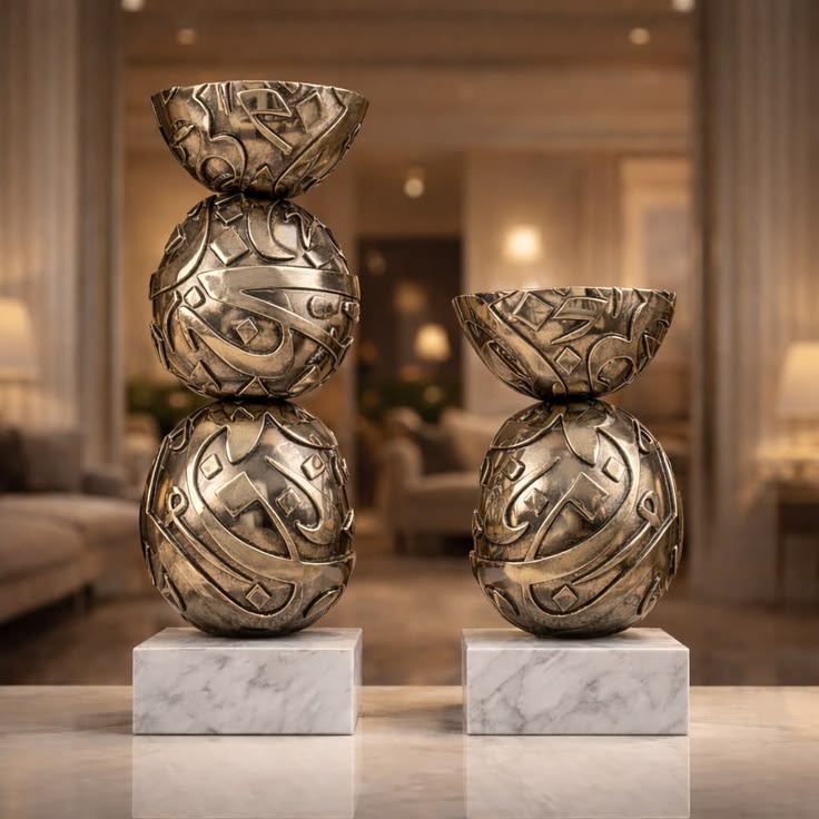 Pair of stacked metallic sculptures formed from Arabic letterforms